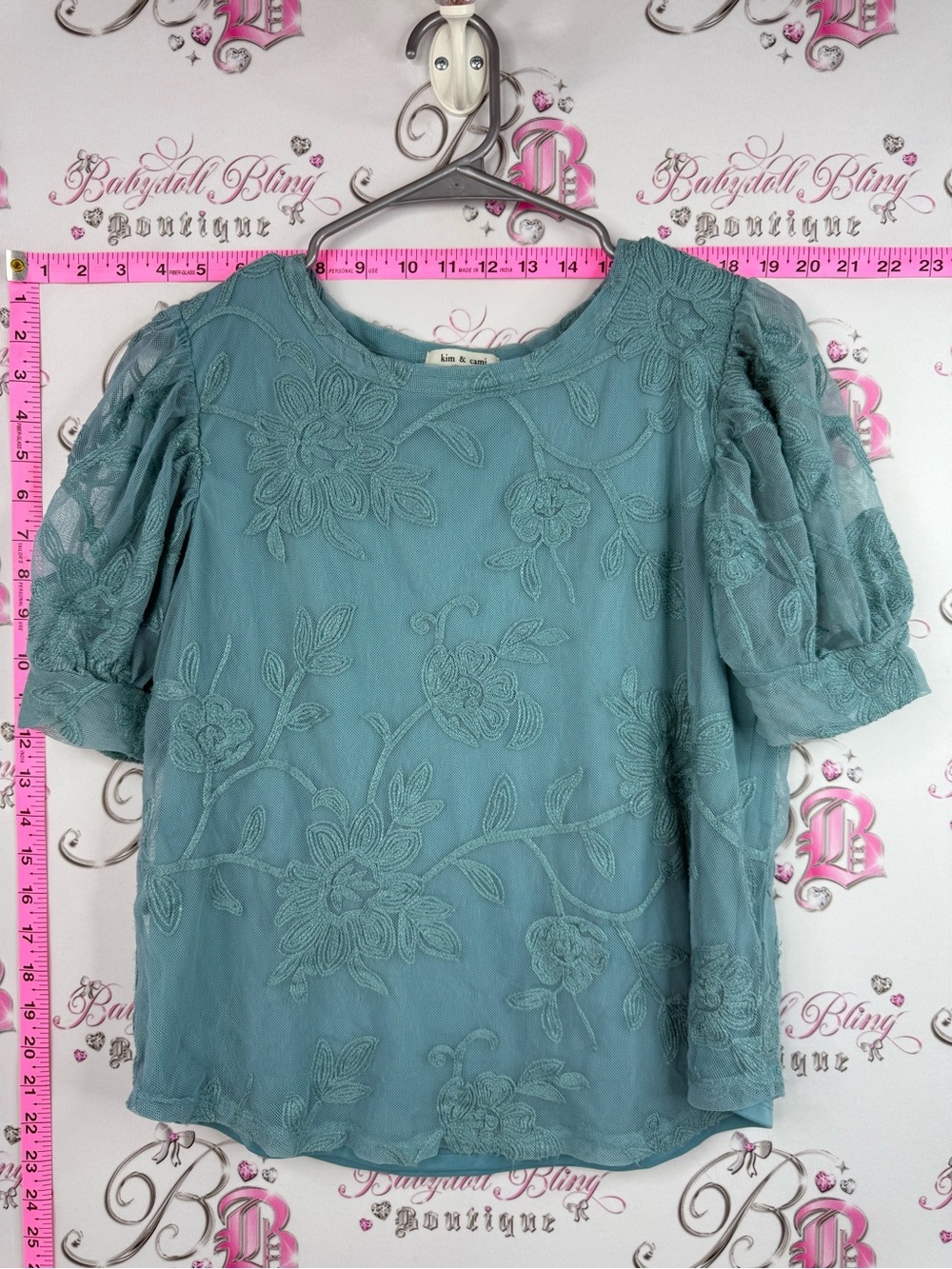 Kim & Cami Tshirt embroidery floral Teal Embroidered Puff Sleeve Blouse